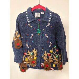 Adorable Tiara Girls Reindeer & Candy Cane Christmas Cardigan Sweater Size 4 Zip